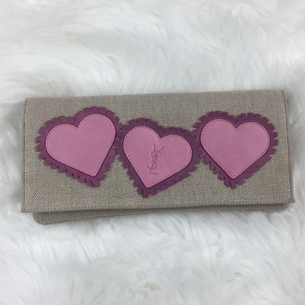 Yves Saint Laurent Beige Clutch with Pink Heart Appliqués